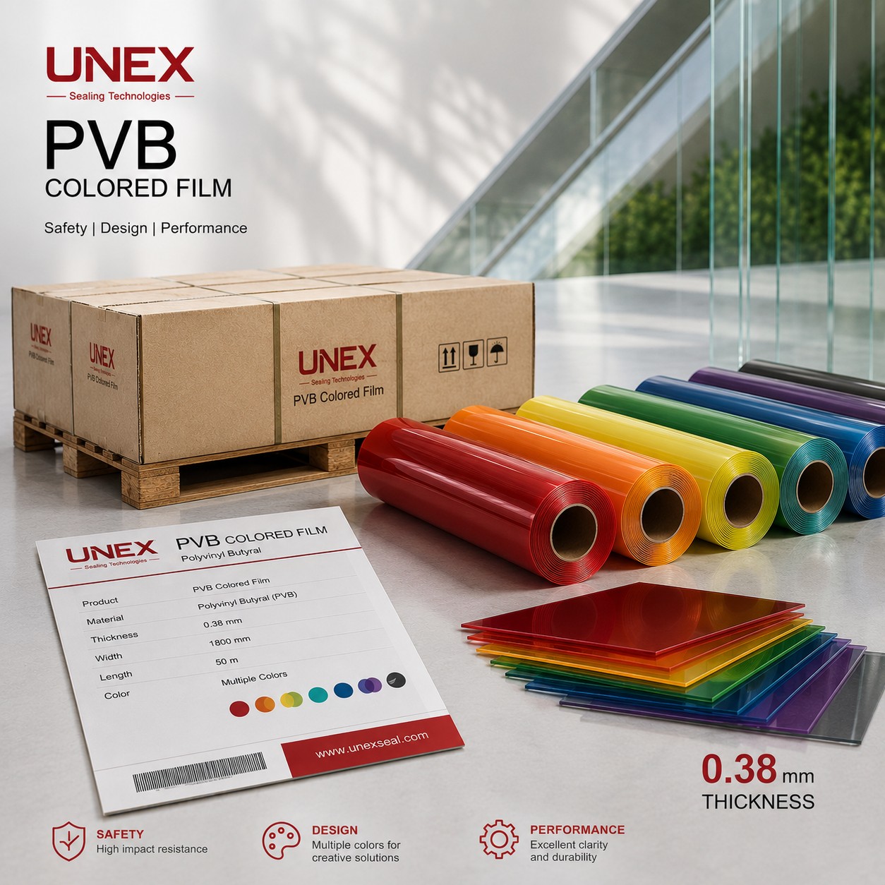 طلق PVB رنگی UNEX برای تولید شیشه لمینت ایمنی در رنگ‌های متنوع