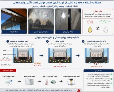 اینفوگرافیک علت اشک شیشه، رد روغن و پدیده رنگین‌کمانی در شیشه دوجداره بر اثر نفوذ روغن معدنی و تخریب چسب بوتیل.